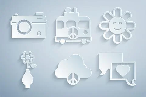 Set Peace cloud, Flower, in vase, Speech bubble chat, Hippie camper van and.. Stock Illustration
