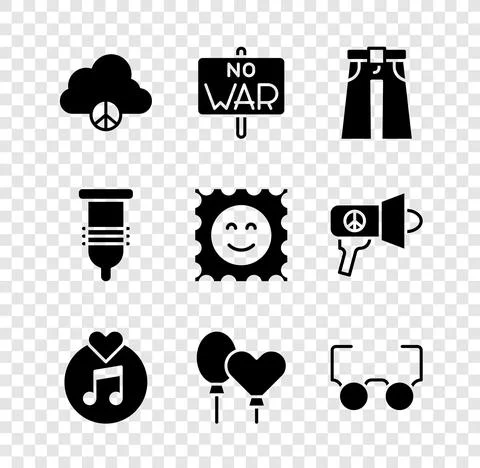Set Peace cloud, No war, Jeans wide, Vinyl disk, Balloons, Glasses, Condom and 스톡 일러스트
