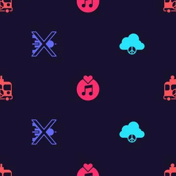 Set Peace cloud, No war, Vinyl disk and Hippie camper van on seamless pattern Illustrazione stock