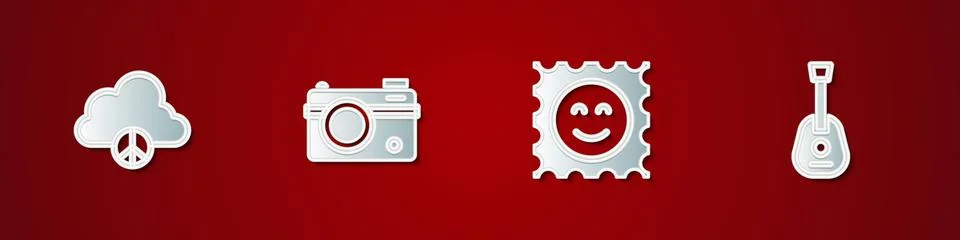 Set Peace cloud, Photo camera, LSD acid mark and Guitar icon. Vector Stock Illustration