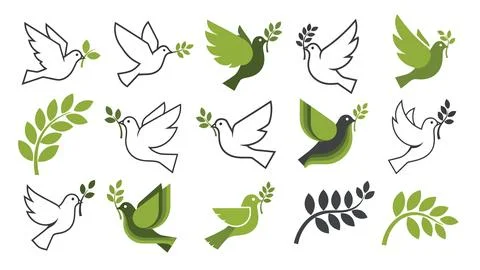Set of peace doves with olive branches icons isolated. Stock Illustration