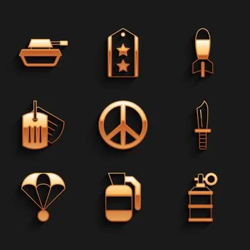 Set Peace, Hand grenade, smoke, Military knife, Parachute, dog tag, Rocket 스톡 일러스트