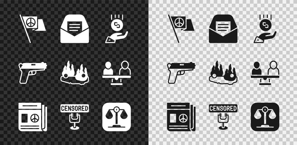 Set Peace, Mail and e-mail, Coins on hand minimal wage, News, Censored stamp Ilustración de archivo