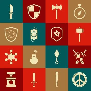 Set Peace, Medieval shield with crossed swords, Battle hammer, axe, dynamit.. Stock Illustration