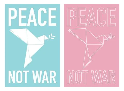 Set of PEACE NOT WAR calligraphy and origami dove with olive leaf minimalis.. Stockillustratie