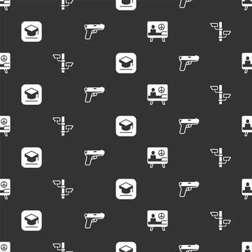 Set Peace, Security camera, Graduation cap and Pistol or gun on seamless pattern Stock Illustration