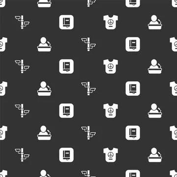 Set Peace, Speaker, Security camera and Law book on seamless pattern. Vector Illustrazione stock