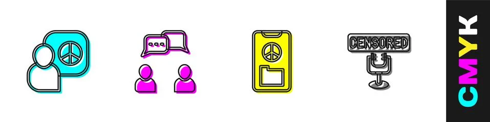 Set Peace talks, Speech bubble chat, and Censored stamp icon. Vector Illustrazione stock