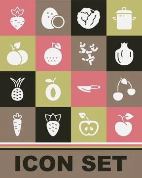 Set Peach fruit or nectarine, Cherry, Pomegranate, Cabbage, Orange, Mango, .. Stock-Illustration