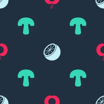 Set Peach fruit, Orange and Mushroom on seamless pattern. Vector Stock Illustration