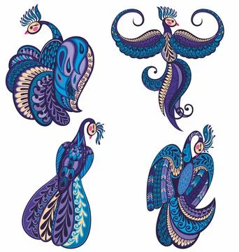 Set of peacocks in various poses. Stock Illustration