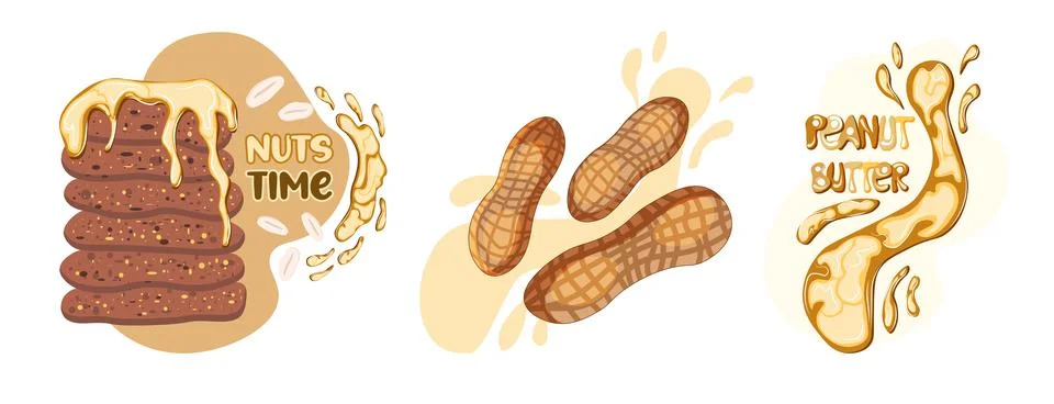 Set of peanut butter elements. Peanuts, splash and pancakes drizzled with map 스톡 일러스트