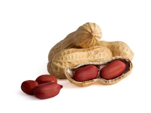 Set of peanuts in nutshell, unpeeled and peeled peanuts isolated on white bac Foto stock