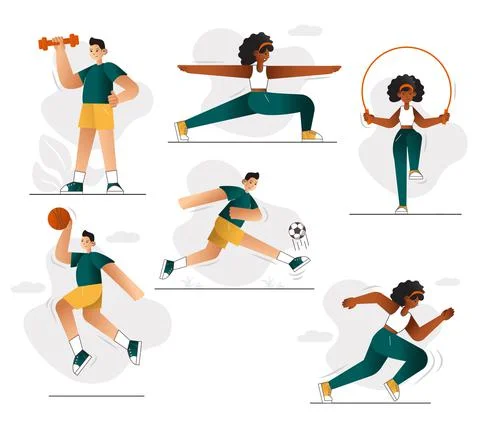 Set of peaples do exersices. Persons are playing with ball ant other sport eq Stock Illustration