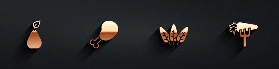 Set Pear, Chicken leg, Leaf and Carrot icon with long shadow. Vector 스톡 일러스트