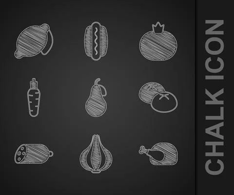 Set Pear, Garlic, Roasted turkey or chicken, Bread loaf, Salami sausage, Carrot Stock Illustration
