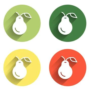 Set Pear icon isolated with long shadow background. Fruit with leaf symbol... 스톡 일러스트