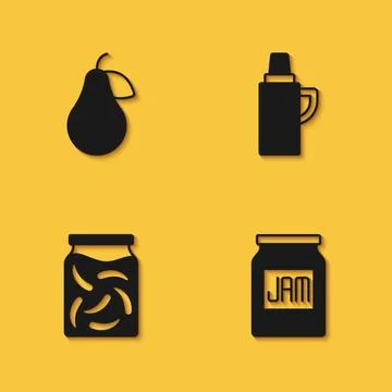 Set Pear, Jam jar, Pickled cucumbers in and Thermos container icon with long Illustrazione stock