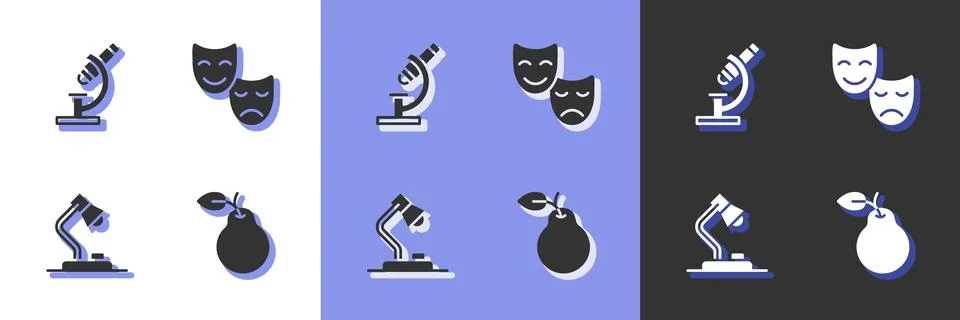 Set Pear, Microscope, Table lamp and Comedy and tragedy masks icon. Vector Illustrazione stock