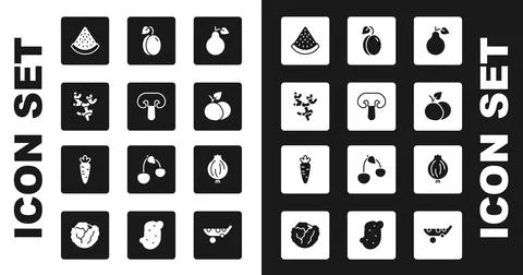 Set Pear, Mushroom, Ginger root, Watermelon, Mango fruit, Plum, Garlic and Stock Illustration