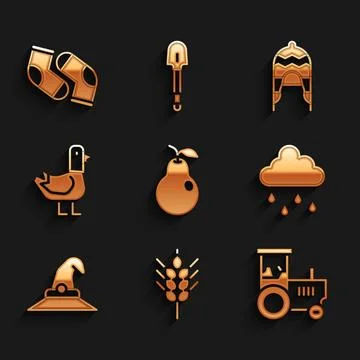 Set Pear, Wheat, Tractor, Cloud with rain, Witch hat, Dove, Winter and Sock.. Stock Illustration