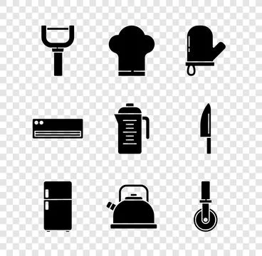 Set Peeler, Chef hat, Oven glove, Refrigerator, Kettle with handle, Pizza knife Illustration
