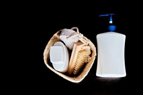 Set for peeling with brushes for spa procedures on a dark background. Up clos Stock Photos
