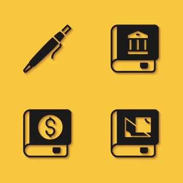 Set Pen, Book about geometry, Financial book and Law icon with long shadow. V Stock Illustration