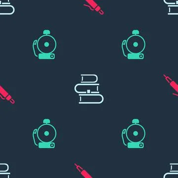 Set Pen, Book and Ringing alarm bell on seamless pattern. Vector Stock Illustration