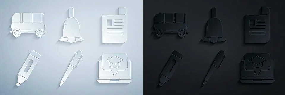 Set Pen, Document, Marker pen, Graduation cap on screen laptop, Ringing bel.. Stock Illustration