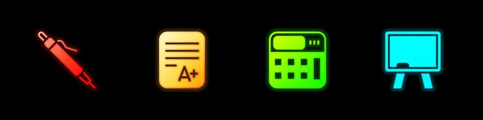 Set Pen, Exam sheet with A plus grade, Calculator and Chalkboard icon. Vector 스톡 일러스트