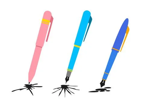 Set of Pen Leaking Ink Set Collection Concept Illustration, Student Stress:.. Illustrazione stock