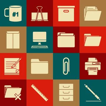 Set Pen line, Printer, Document folder, Carton cardboard box, Computer monitor Stock Illustration