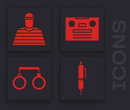 Set Pen, Prisoner, Retro audio cassette tape and Handcuffs icon. Vector Stock Illustration