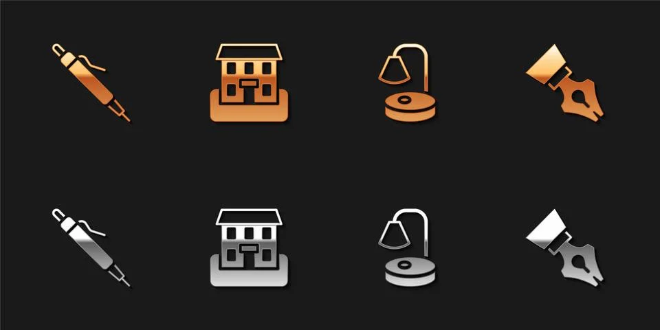 Set Pen, School building, Table lamp and Fountain pen nib icon. Vector Ilustración de archivo