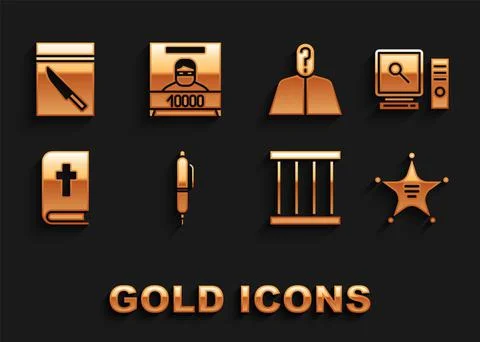 Set Pen, Search on computer screen, Hexagram sheriff, Prison window, Holy bible Illustrazione stock