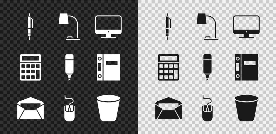 Set Pen, Table lamp, Computer monitor screen, Envelope, mouse, Trash can Stock-Illustration