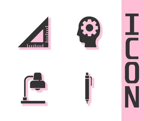 Set Pen, Triangular ruler, Table lamp and Head with gear inside icon. Vector Ilustración de archivo