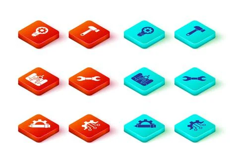 Set Pencil and gear, Algorithm, Graphing paper compass, Wrench spanner, Hammer Stock Illustration