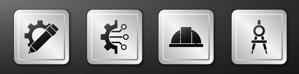 Set Pencil and gear, Algorithm, Worker safety helmet and Drawing compass icon Stock Illustration