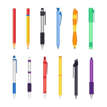 Set of Pencil and Pen Set Collections, Ballpoint Mechanical Pen and Eraser .. Illustrazione stock