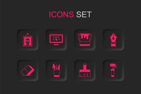 Set Pencil case stationery, Computer with design program, Picture, Paint br.. Stock-Illustration