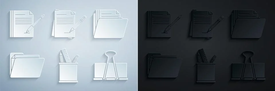 Set Pencil case stationery, Document folder, Binder clip, Blank notebook and Stock Illustration