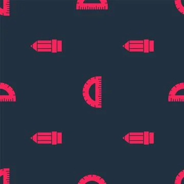 Set Pencil with eraser and Protractor on seamless pattern. Vector Illustrazione stock