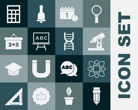 Set Pencil with eraser, Atom, Microscope, Calendar first september date Stock Illustration
