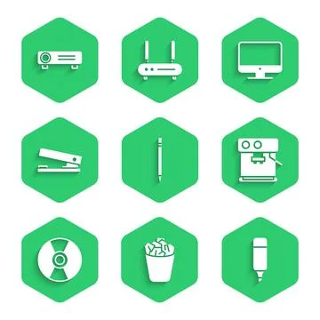 Set Pencil with eraser, Full trash can, Marker pen, Coffee machine, CD or DVD Stock Illustration