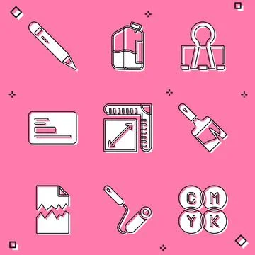 Set Pencil with eraser, Printer ink bottle, Binder clip, Business card, Paper イラスト素材