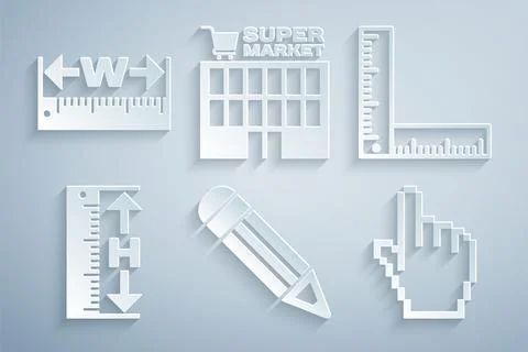 Set Pencil, Folding ruler, Measuring height and length, Pixel hand cursor Ilustración de archivo