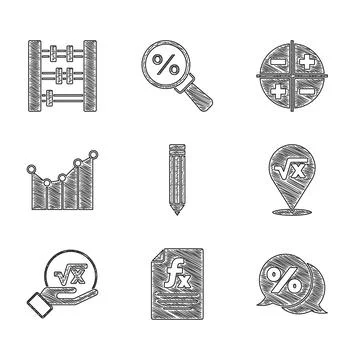 Set Pencil, Function mathematical symbol, Discount percent tag, Square root of x Stock Illustration