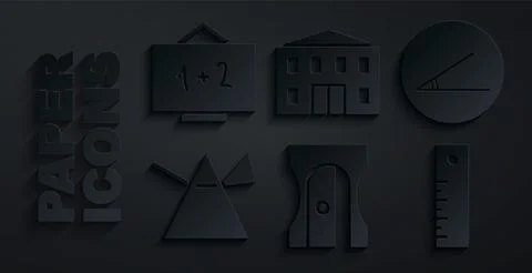 Set Pencil sharpener, Acute angle, Light rays in prism, Ruler, School building 스톡 일러스트
